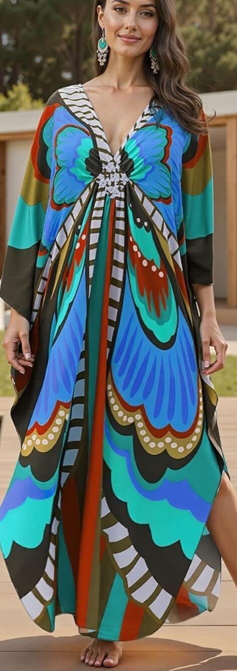 Kaftan Dress Women Plus Size V-Neck Batwing Sleeve Beach Cover Up Flowy NIP